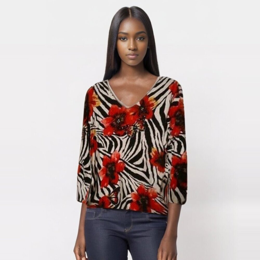 Jess & Jane Red Floral Zebra artsy embellished Print Top Boho Festival- Large